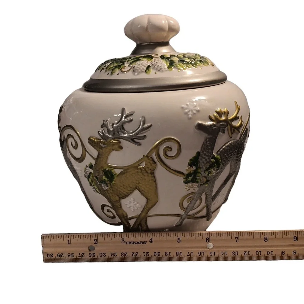 Cheryl & Co. Gold Silver White Vintage Ceramic Christmas 3D Reindeer Cookie Jar